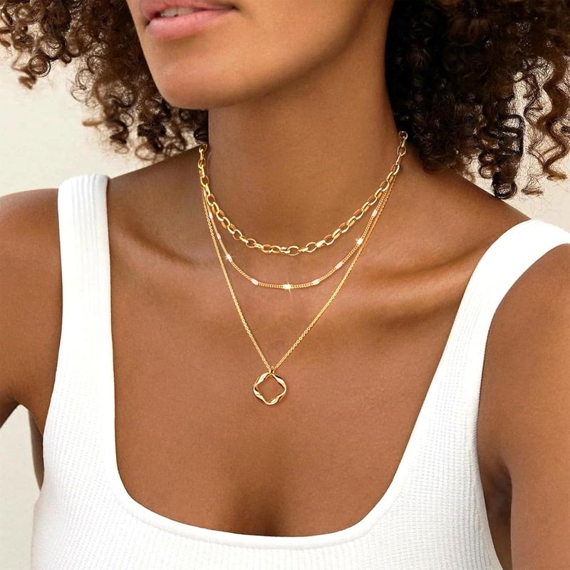 OGD Store Layered CZ Rondelle Pendant Necklaces for Women, 14K Gold Plated Trendy Mariner Chain Dainty Circle Rondelle Pendant Choker Necklace for Women Two-Toned Cubic Zirconia Gold Necklace - Image 3
